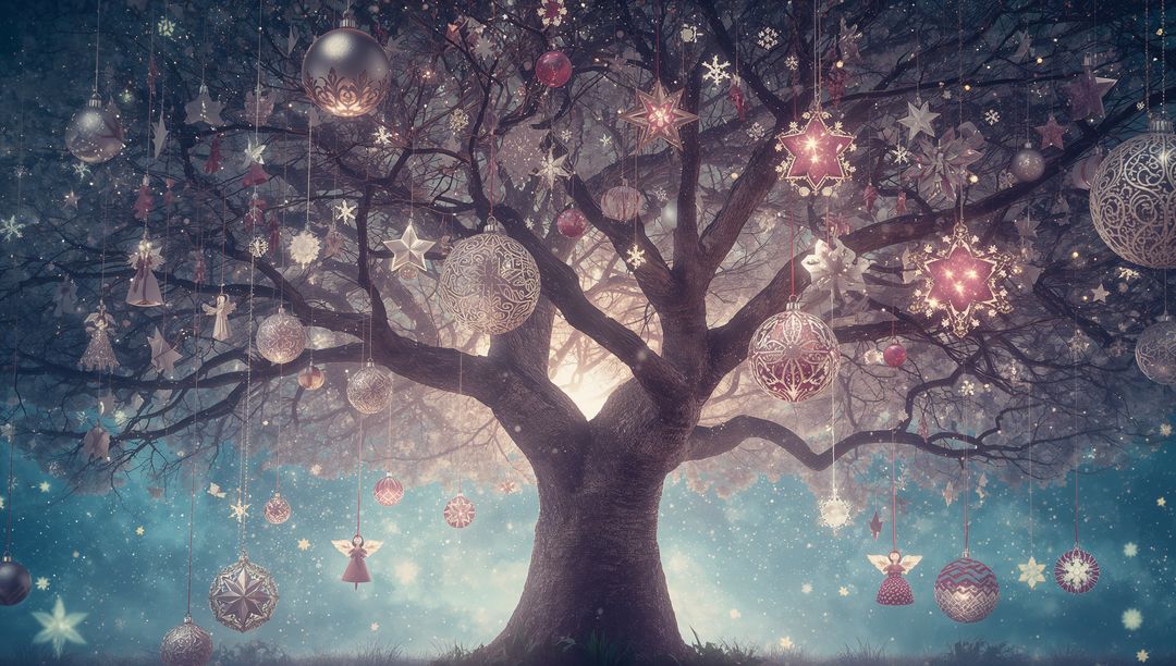 Mystical Tree with Glowing Ornaments in Enchanting Clearing