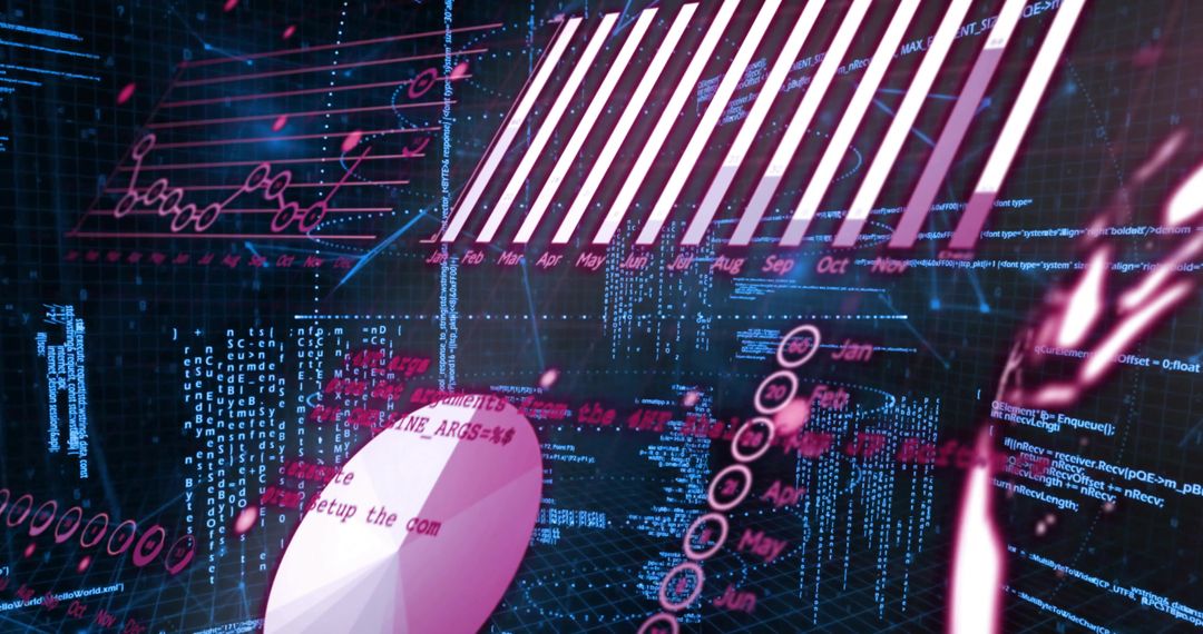 Neon Holographic Data Dashboard Displaying 3D Radial Chart and Jan-Dec Timeline Visuals