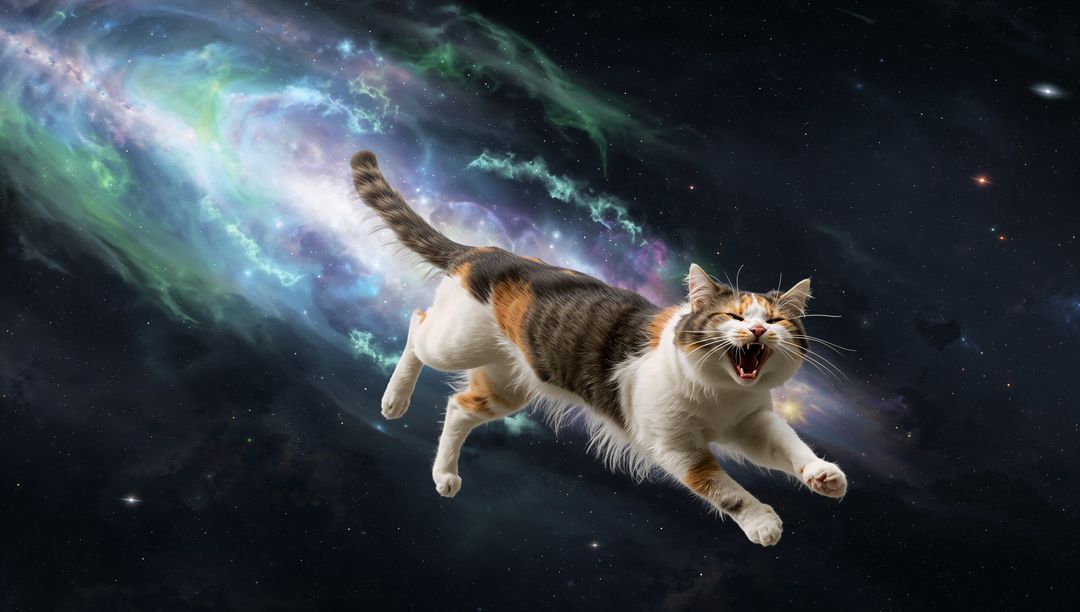 Leaping Calico Cat Soaring through Multicolored Nebula and Starfield, Whimsical Space Fantasy