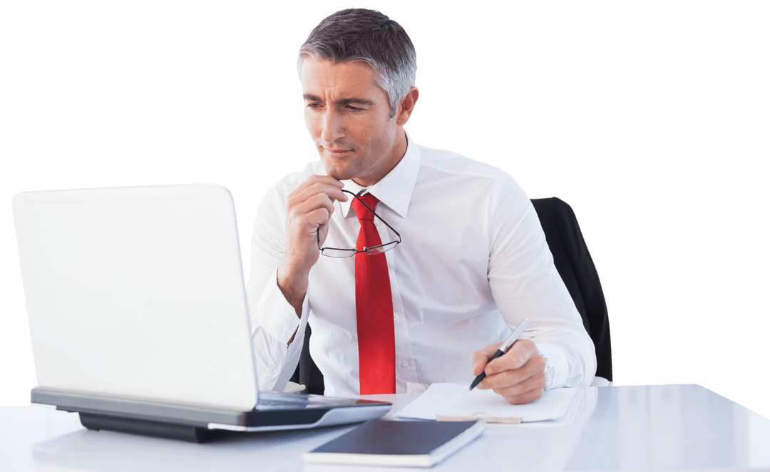 Focused Businessman Analyzing Data on Laptop with Transparent Background