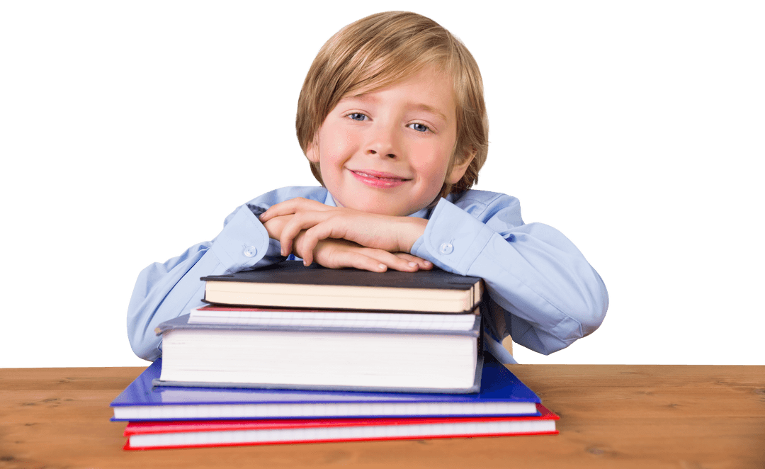 Happy Caucasian Boy Posing with Books on Transparent Background