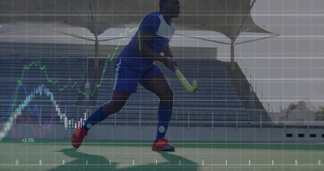 Dynamic Field Hockey Player on Turf with Data Overlay