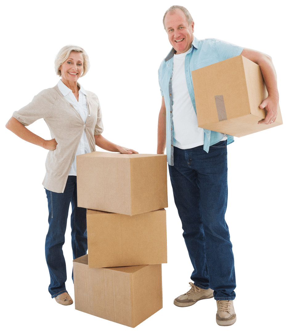 Happy Older Couple with Moving Boxes on Transparent Background