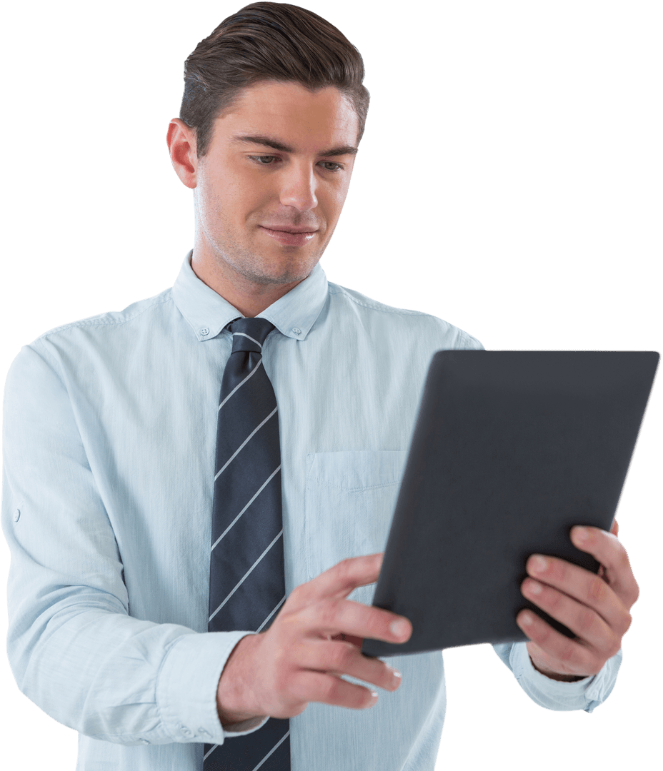Confident Businessman Using Tablet for Professional Purposes on Transparent Background