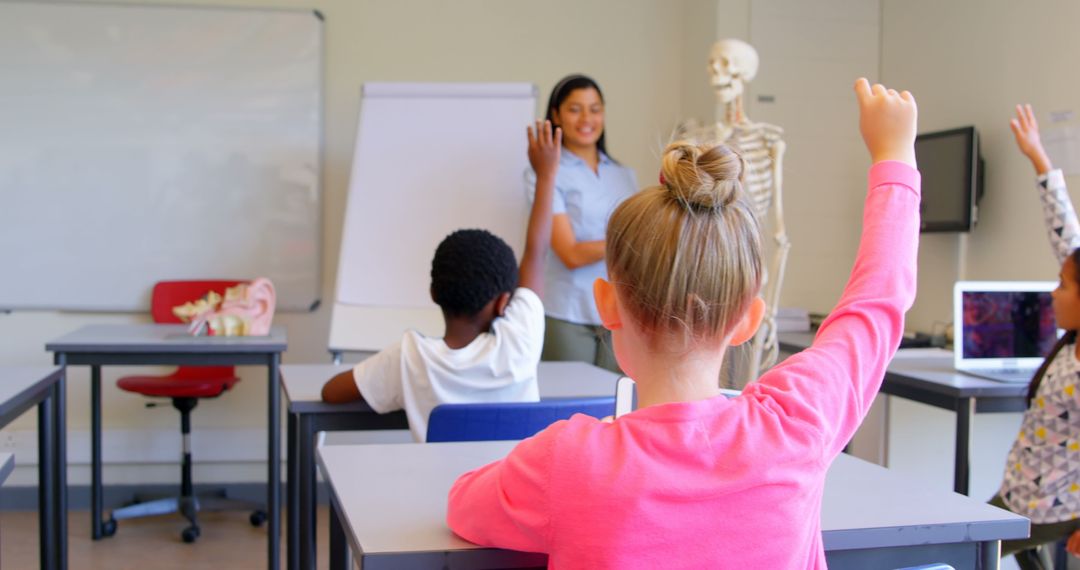 Elementary School Classroom with Students and Teacher Presenting Anatomy Lesson