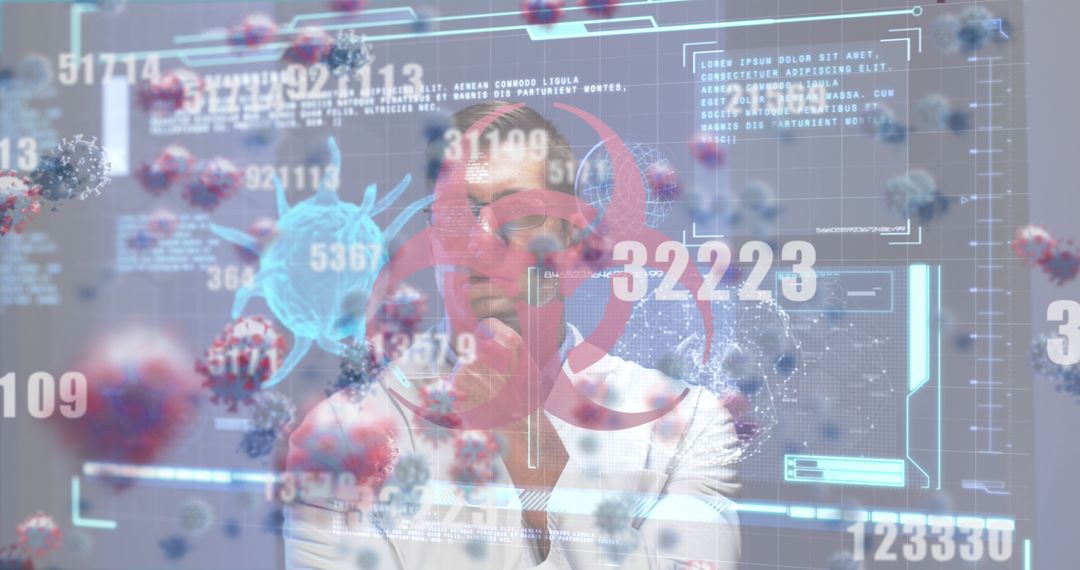 Scientist Analyzing Virtual Virus Models in High-Tech Lab