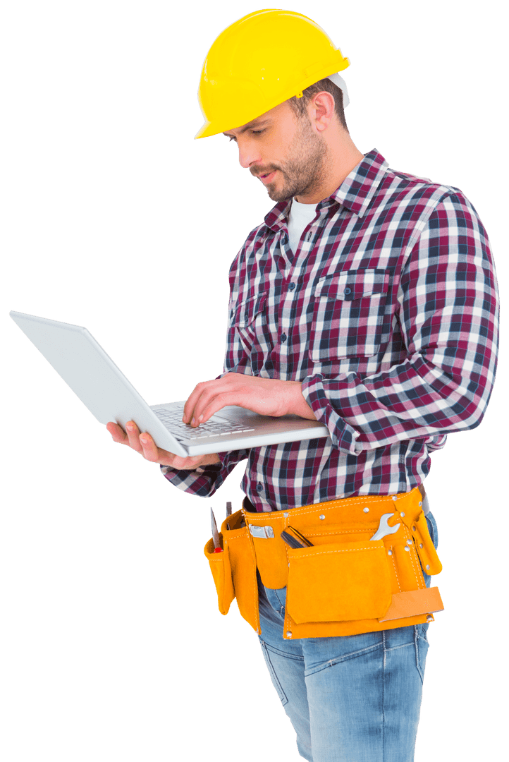 Confident Handyman with Laptop on Transparent Background