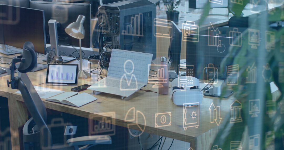 Business Icons Overlay on Office Desk Setup