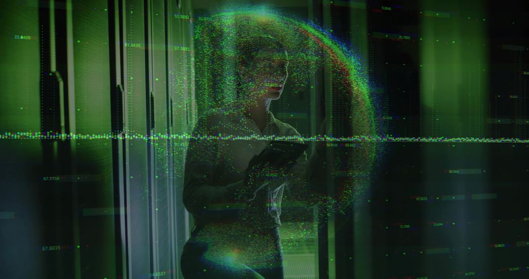 IT Specialist Analyzing Data in Futuristic Data Center