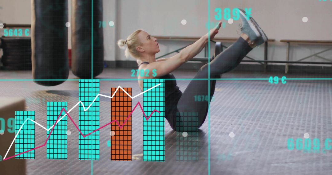 Performing V-sit core workout with fitness data overlay and gym training analytics