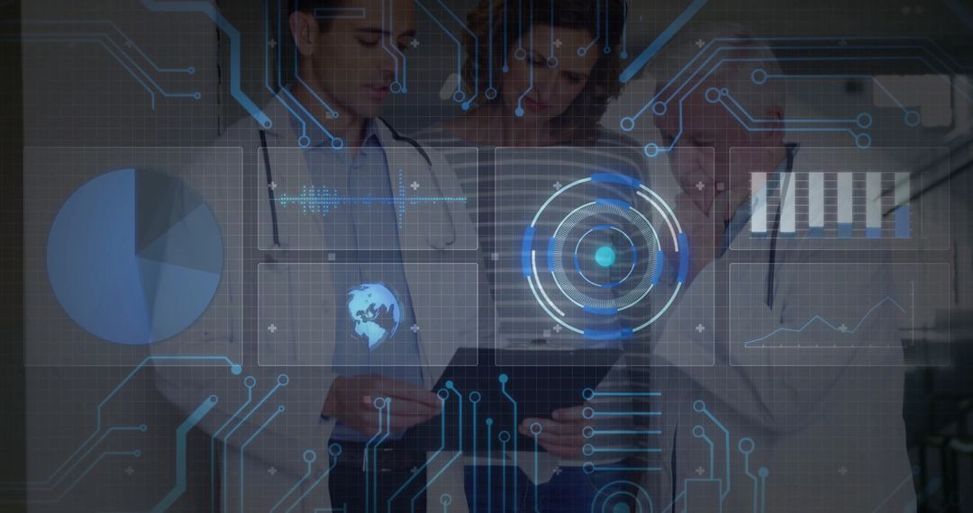 Healthcare Team Analyzing Holographic Data in Clinical Corridor