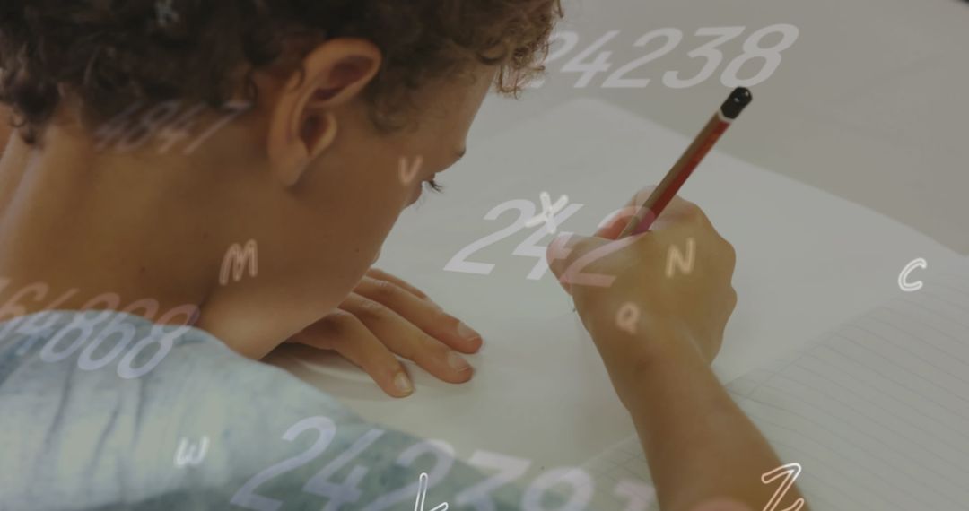 Focused Student with Numbers and Letters Overlaying