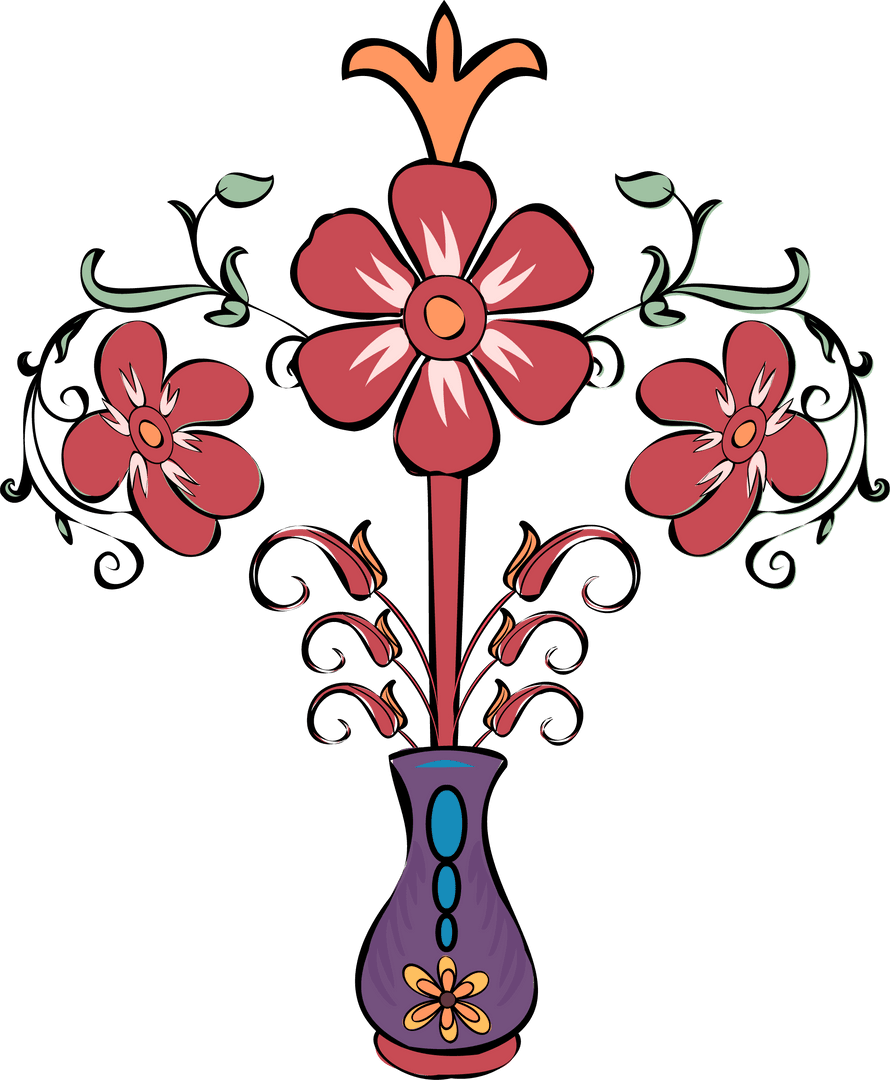 Floral Bouquet with Pink Red Blooms and Vase on Transparent Background