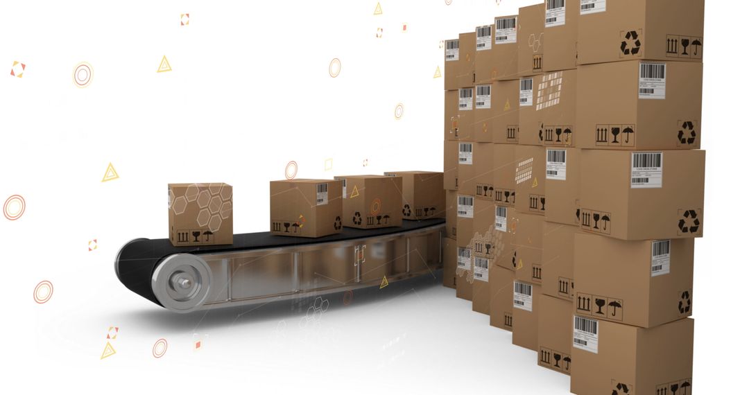 Cardboard Boxes on Conveyor with Digital Overlay for Global Shipping Concept