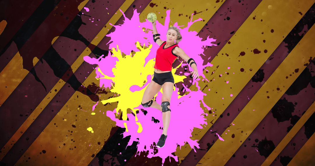 Female Handball Player in Action with Colorful Abstract Background - Free Images, Stock Photos and Pictures on Pikwizard.com