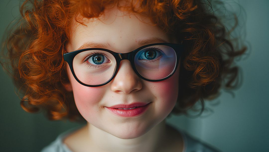 Curly Red Haired Child Smiling Wearing Glasses Indoors