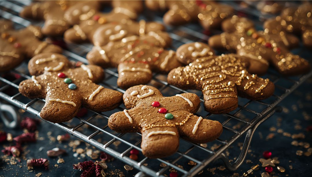 Festive Gingerbread Cookies with Candy Buttons on Cooling Rack