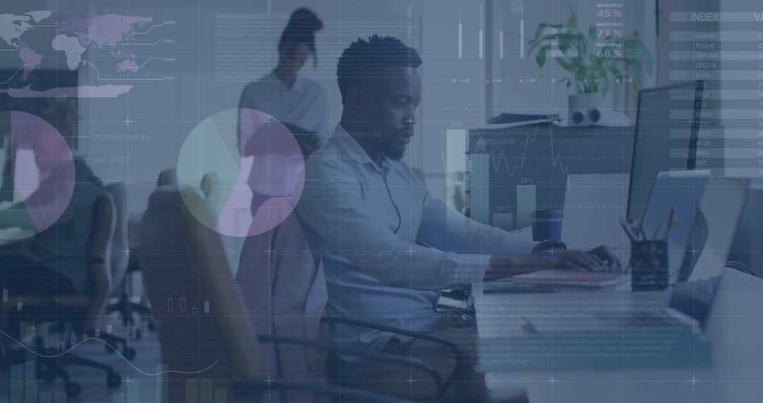 Financial Analysis with Global Data Overlay in Modern Office