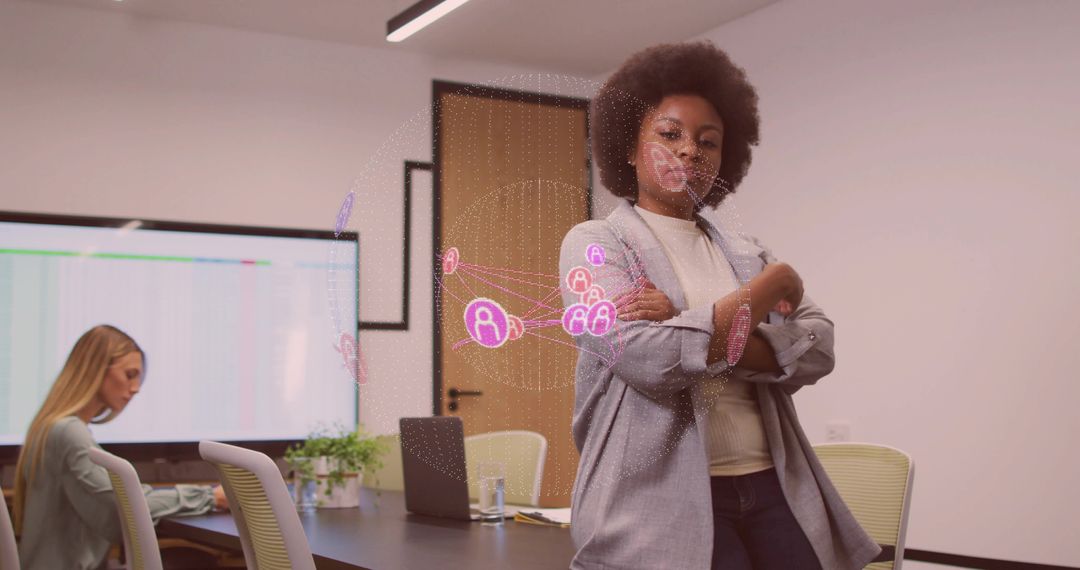 Confident Businesswoman with Digital Network Hologram in Office