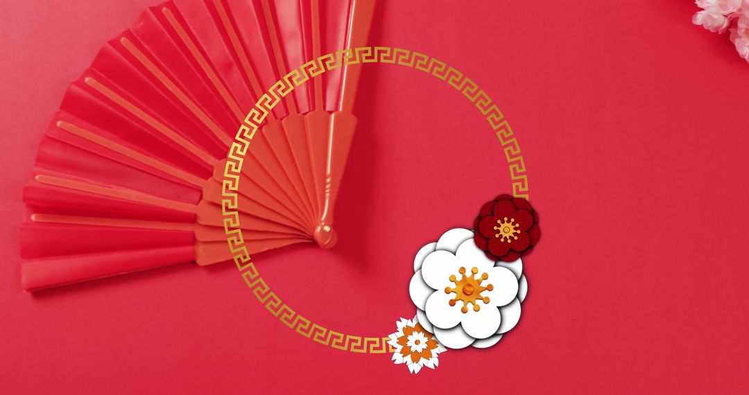 Chinese New Year Celebration Design with Fan and Floral Motifs - Free Images, Stock Photos and Pictures on Pikwizard.com