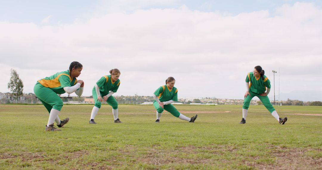 Diverse Female Softball Players Stretching on Field