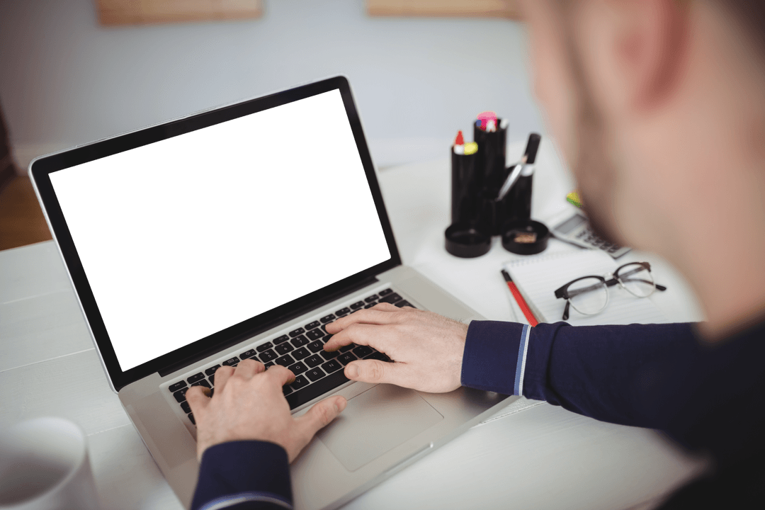 Man Working on Laptop Without Screen, Office Concept Transparent Background