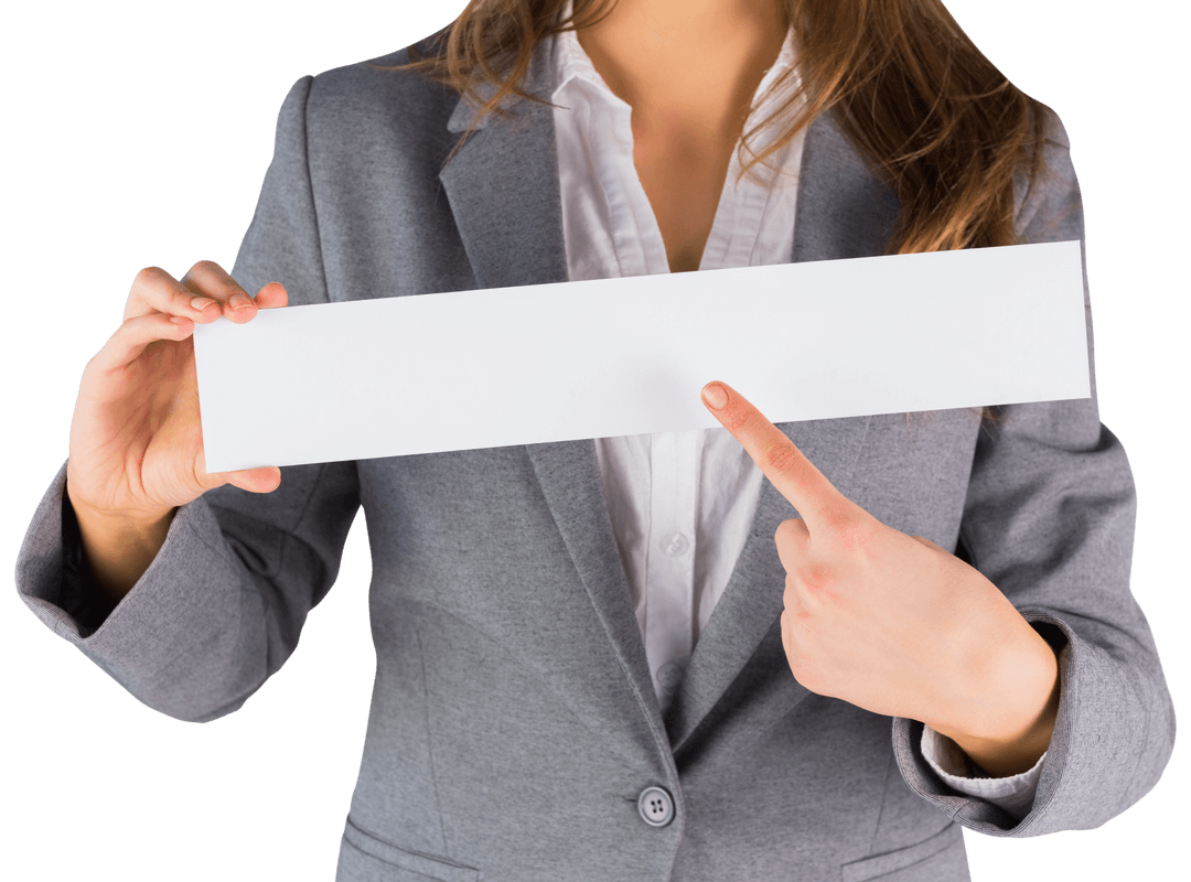 Businesswoman in Gray Suit Showing Transparent Blank Card with Focus