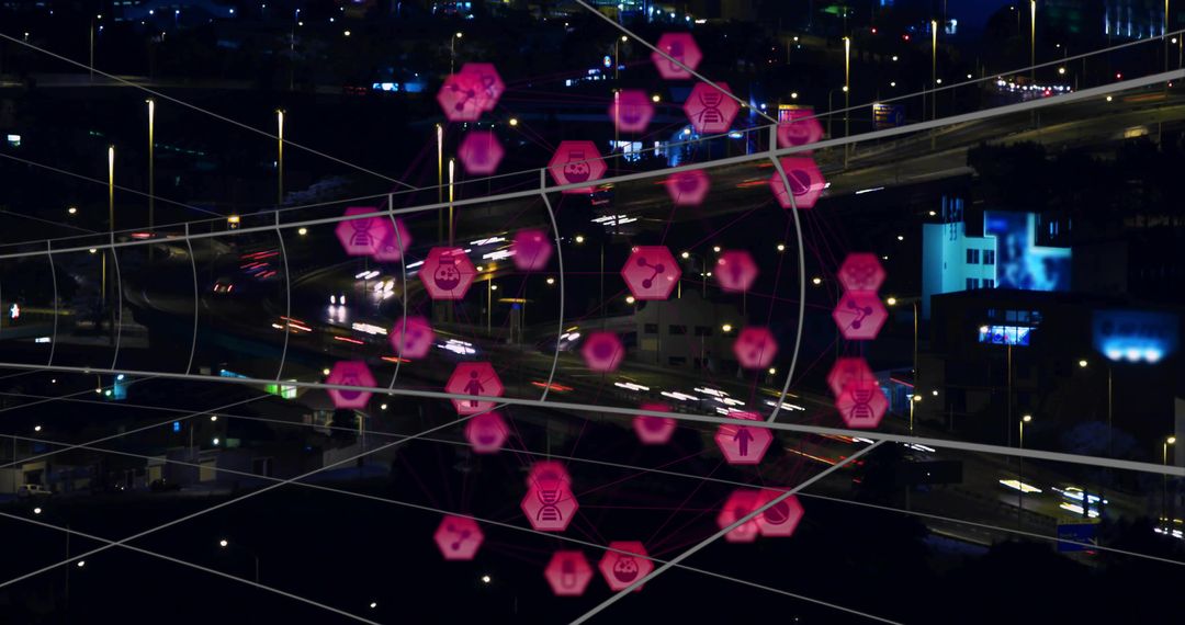 Neon Network Overlay Connecting Smart Highway Interchange Night Traffic Floating Hex Glyphs