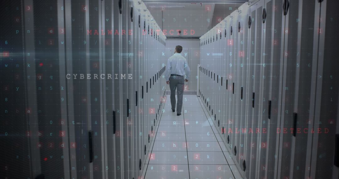 Technician Analyzing Cybersecurity in Data Center with Digital Overlay