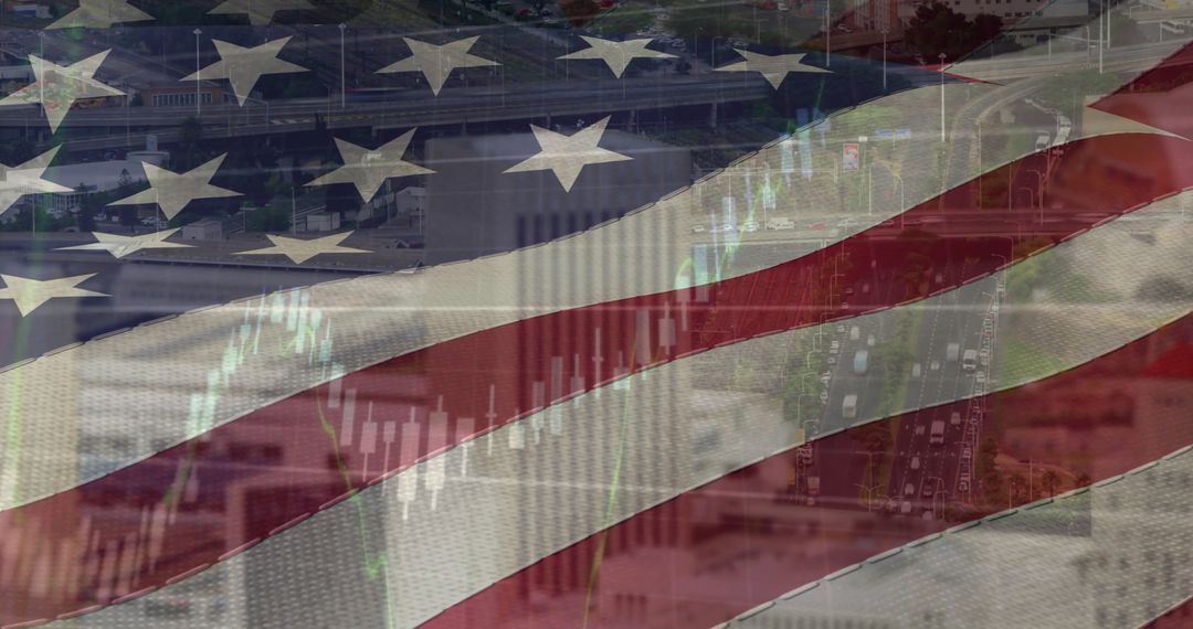 American Flag with High-Tech Financial Graphs and Urban Scene