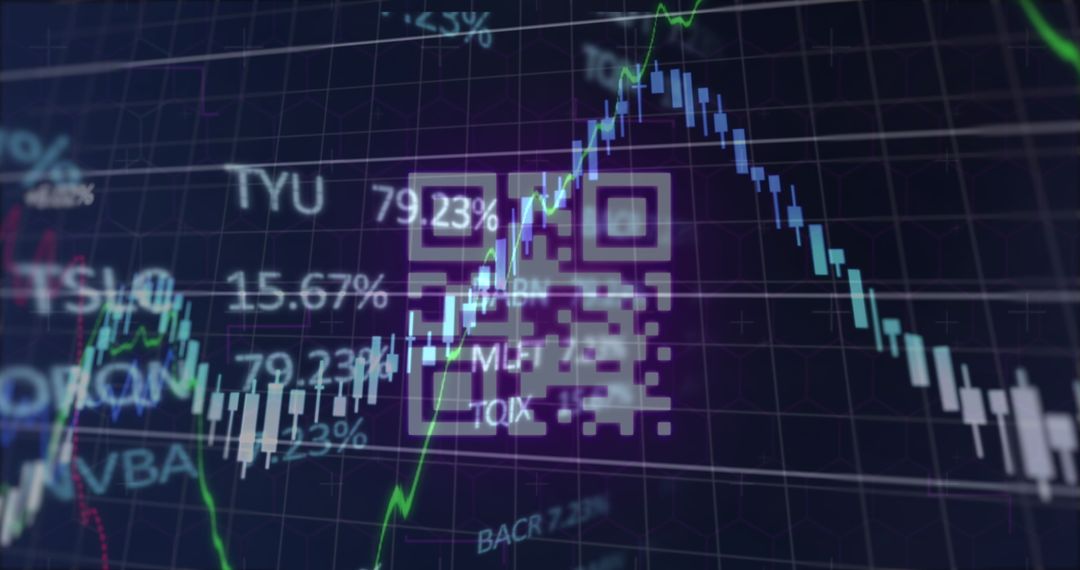 Stock Market Charts and QR Code Hologram Over Grid Screen