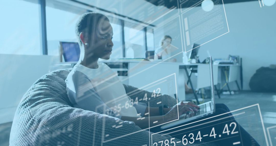 Woman Exploring Digital Interface in Modern Office Environment