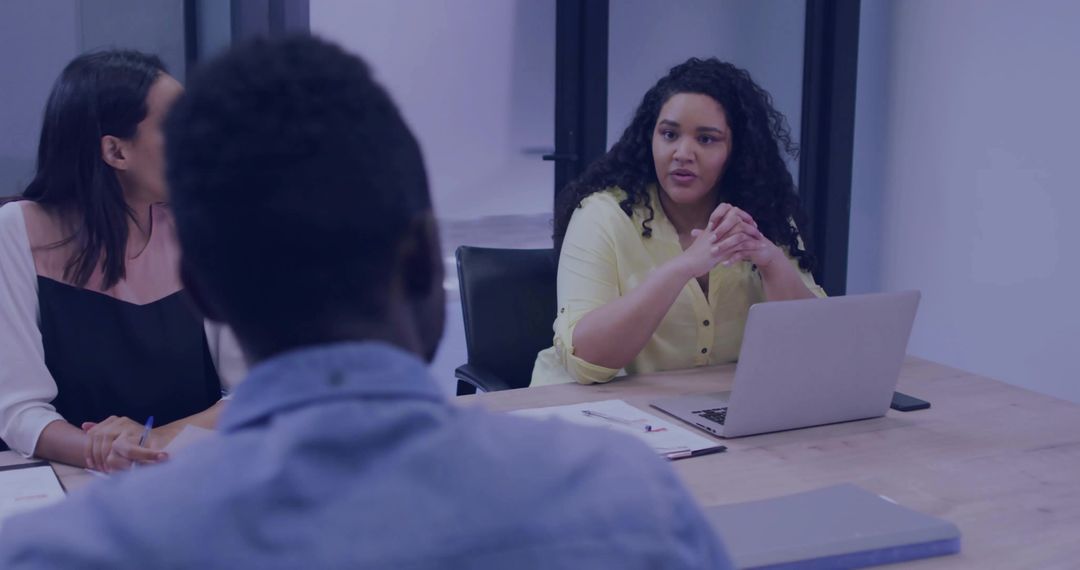 Woman Leading Team Meeting in Modern Boardroom with Laptop and Notes, Presenting Ideas