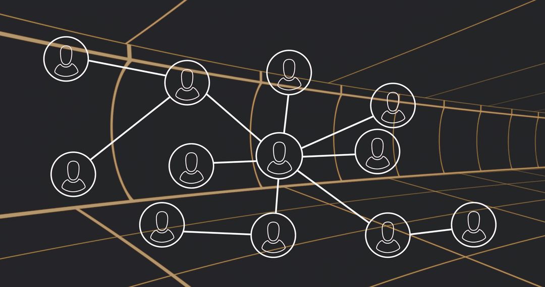 Connecting central avatar network in futuristic tunnel with golden grid vanishing point
