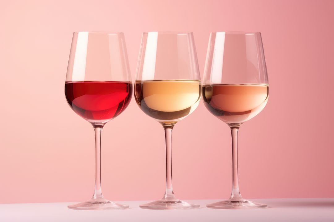 Three glasses of red, white and rose wine on pink background, created using generative ai technology - Free Images, Stock Photos and Pictures on Pikwizard.com