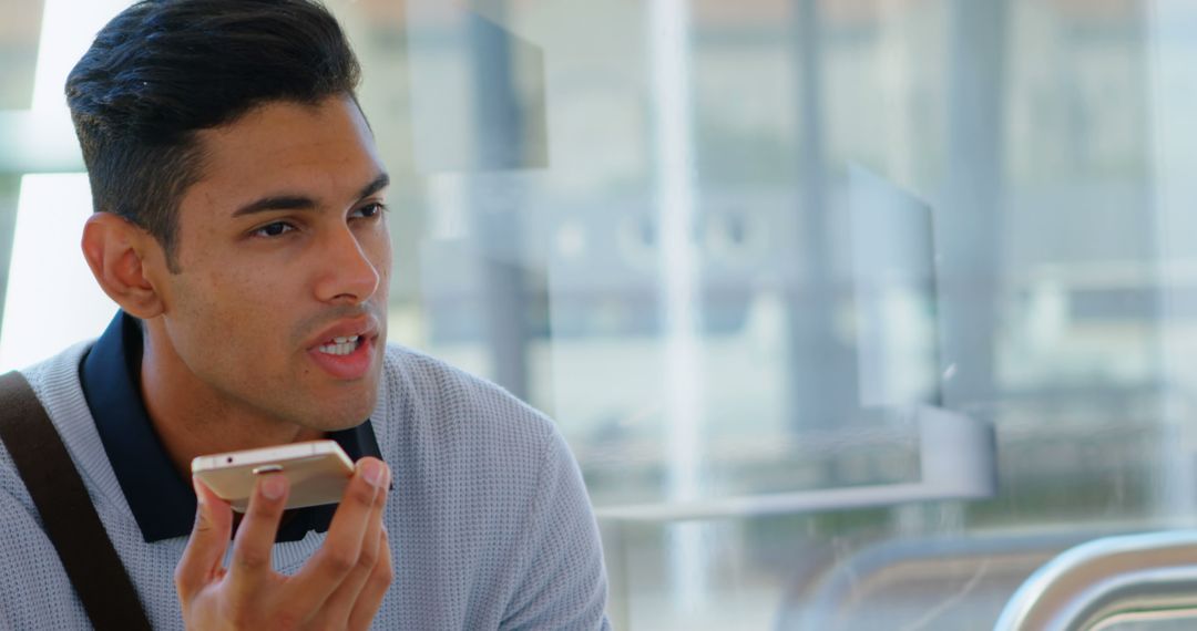 Young man using voice command on smartphone at modern office - Free Images, Stock Photos and Pictures on Pikwizard.com