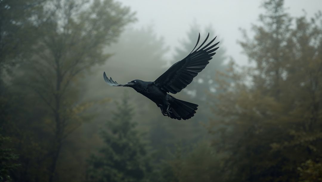 Raven in Misty Autumn Forest with Twig