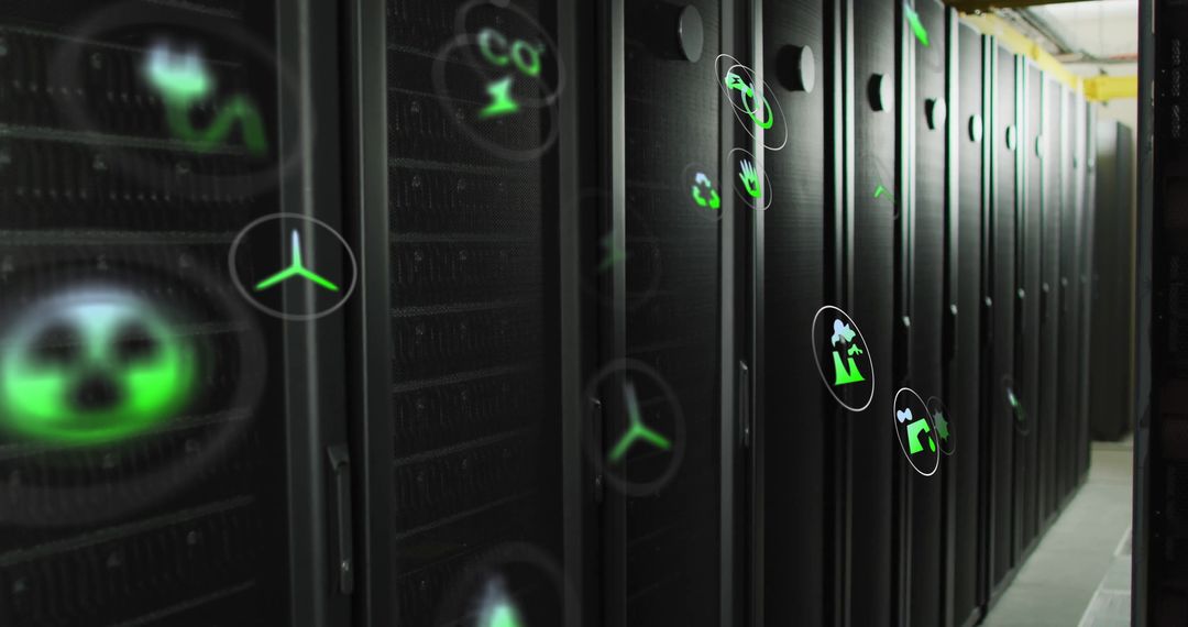 Sustainable Data Processing: Eco Icons Over Computer Servers