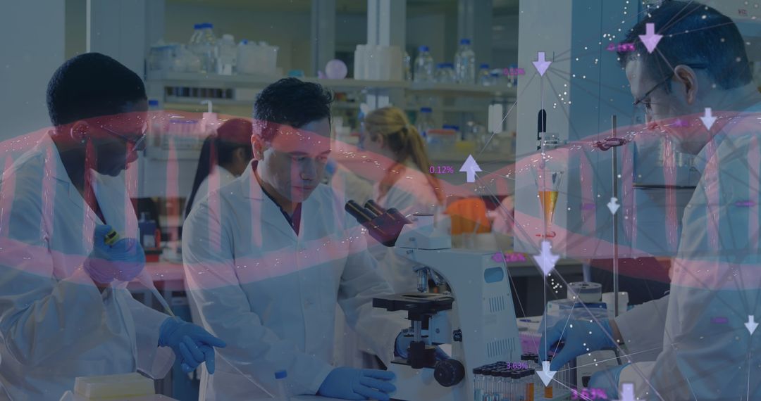 Scientists Analyzing Data with DNA Helix Overlay in Laboratory