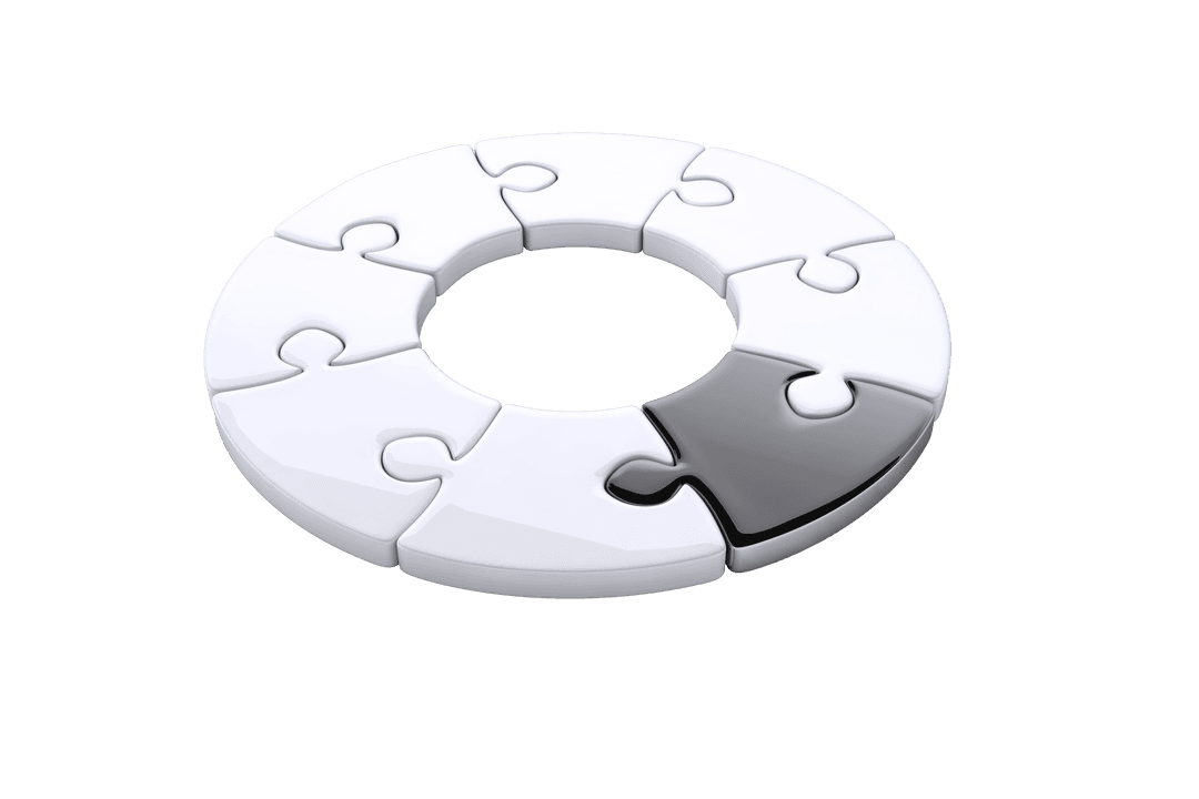 Black and White Circle Puzzle with Missing Piece on Transparent Background