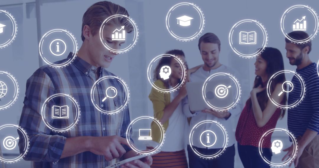 Young Professionals Using Technology with Virtual Interface Elements