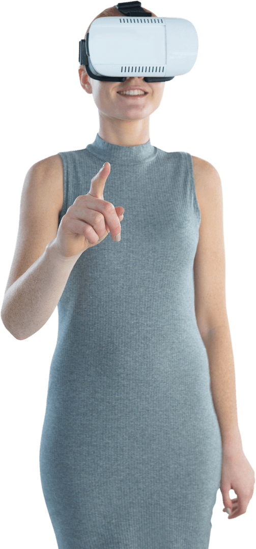 Smiling Woman Engaging with Transparent Virtual Reality Technology