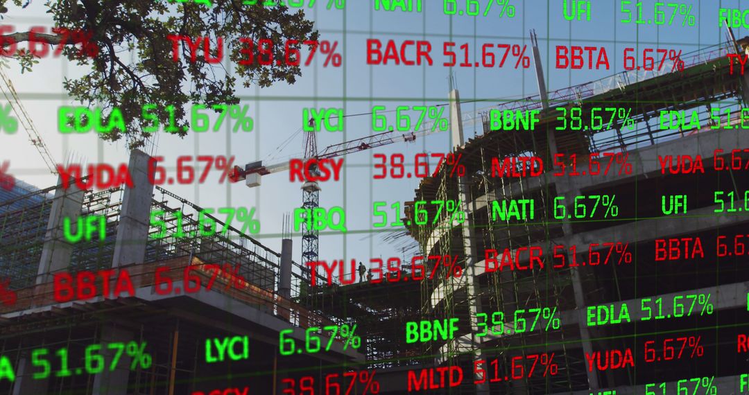 Financial Data Overlay on Active Construction Site Reflecting Market Trends