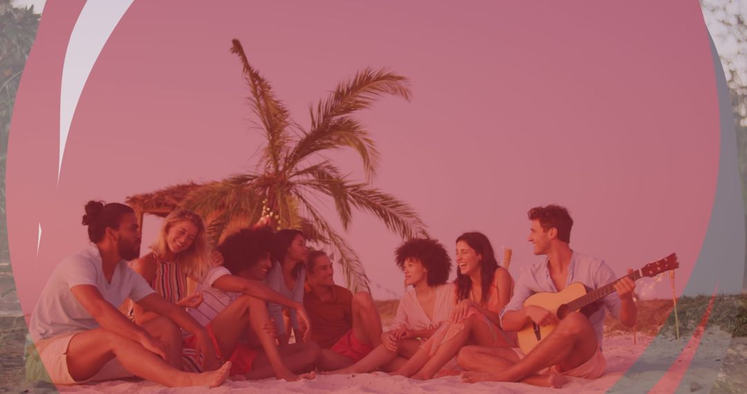 Diverse Friends Laughing and Playing Guitar at Seaside Gathering