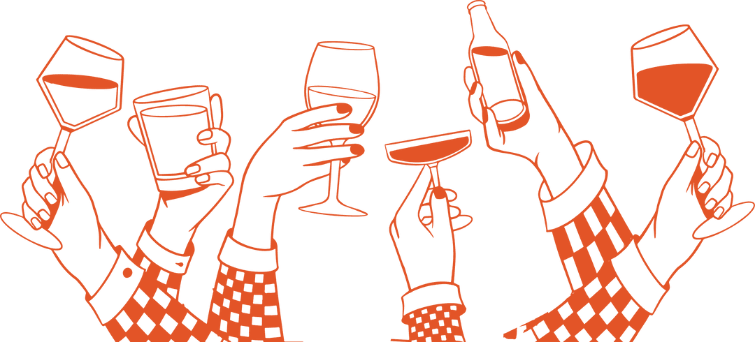 Celebratory Cheers with Diverse Glasses in Orange Line Art