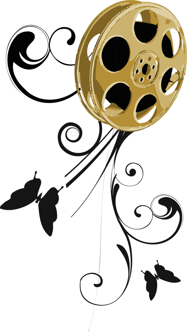 Golden Film Reel with Black Swirls and Butterflies on Transparent Background