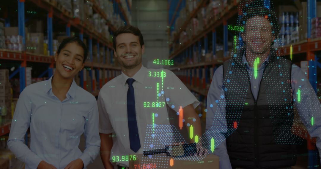 Warehouse Automation Team with Financial Data Overlay