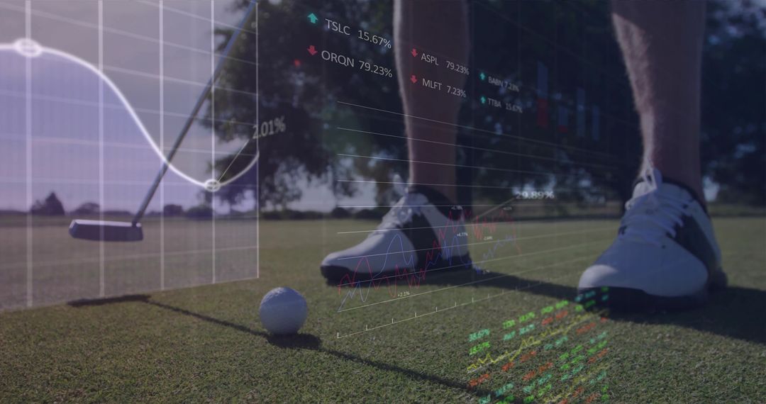 Golfer on Green Analyzing Financial Data Overlay