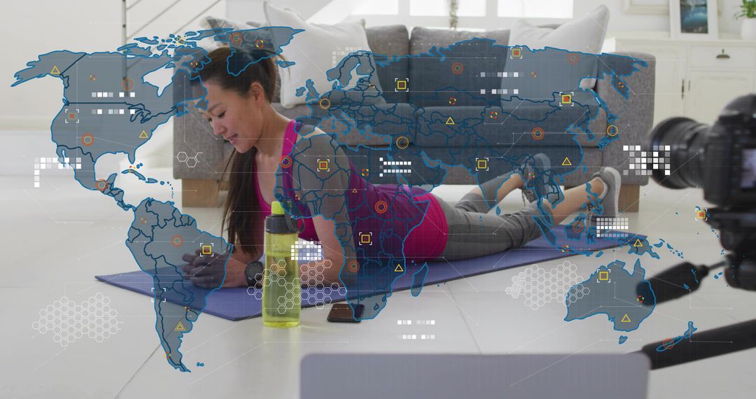 Korean trainer demonstrating forearm plank home workout with camera and map overlay