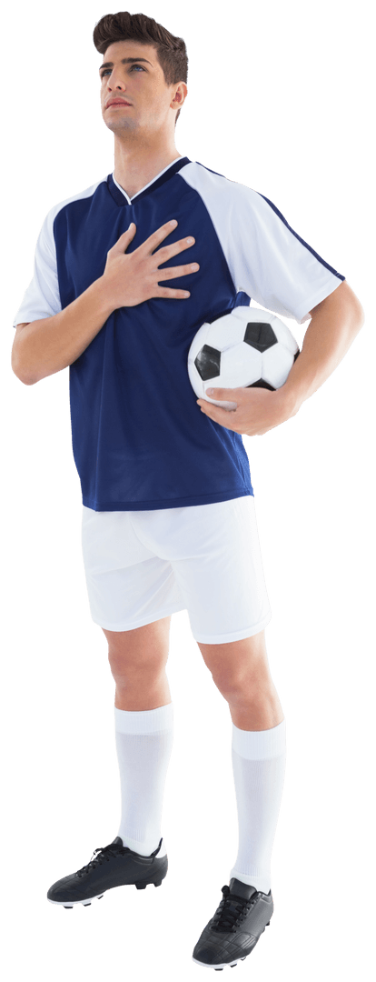 Transparent Football Player in Uniform Holding Ball with Hand on Heart